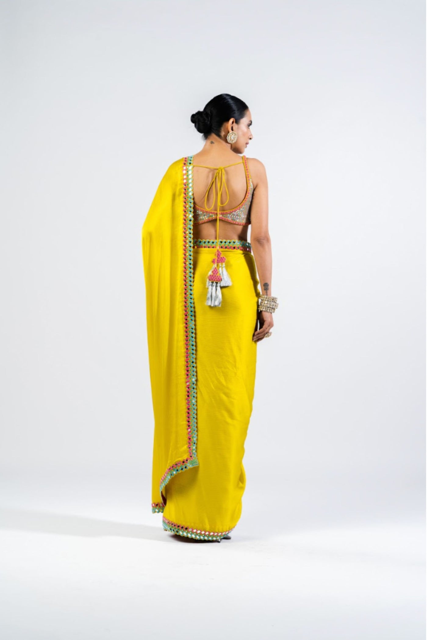 V Vani Vats Moss Green Satin Chiffon Saree With Metallic Blouse Indian designer wear online shopping melange singapore