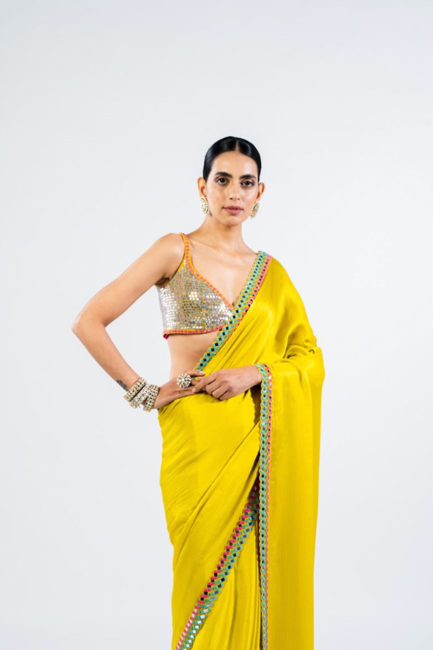 V Vani Vats Moss Green Satin Chiffon Saree With Metallic Blouse Indian designer wear online shopping melange singapore