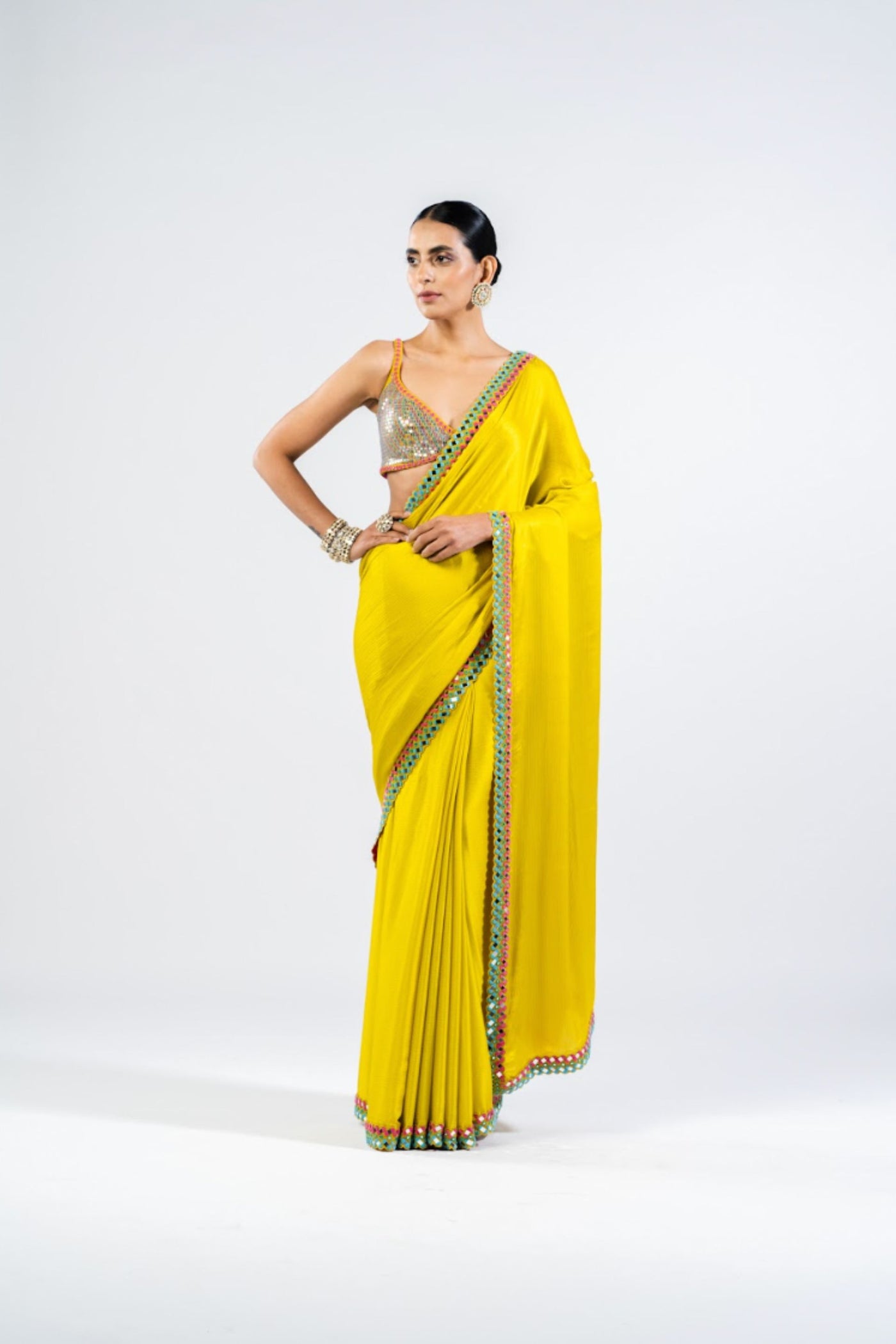 V Vani Vats Moss Green Satin Chiffon Saree With Metallic Blouse Indian designer wear online shopping melange singapore