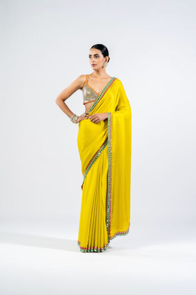 V Vani Vats Moss Green Satin Chiffon Saree With Metallic Blouse Indian designer wear online shopping melange singapore