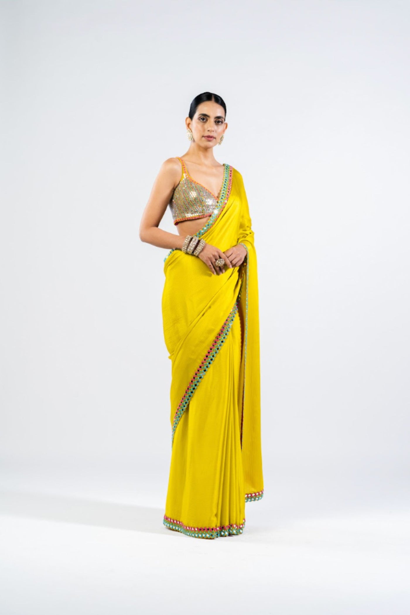 V Vani Vats Moss Green Satin Chiffon Saree With Metallic Blouse Indian designer wear online shopping melange singapore