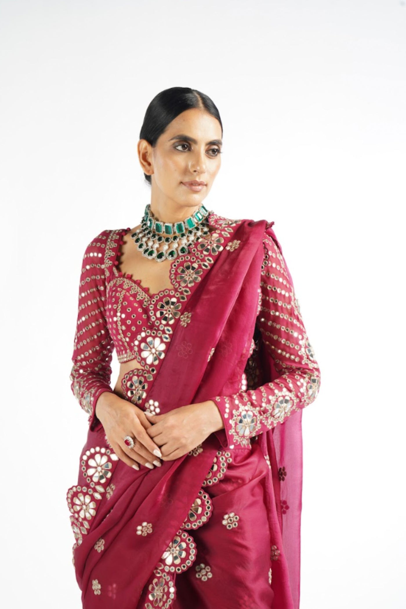 V Vani Vats Mellow Wine Mirror Scallop Saree Set Indian designer wear online shopping melange singapore