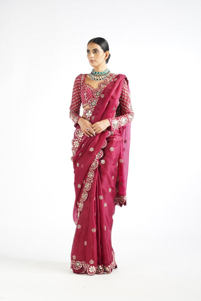 V Vani Vats Mellow Wine Mirror Scallop Saree Set Indian designer wear online shopping melange singapore