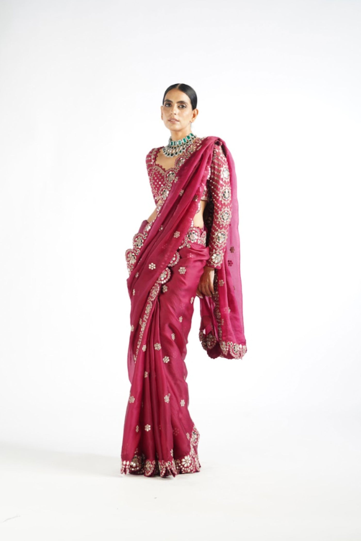 V Vani Vats Mellow Wine Mirror Scallop Saree Set Indian designer wear online shopping melange singapore