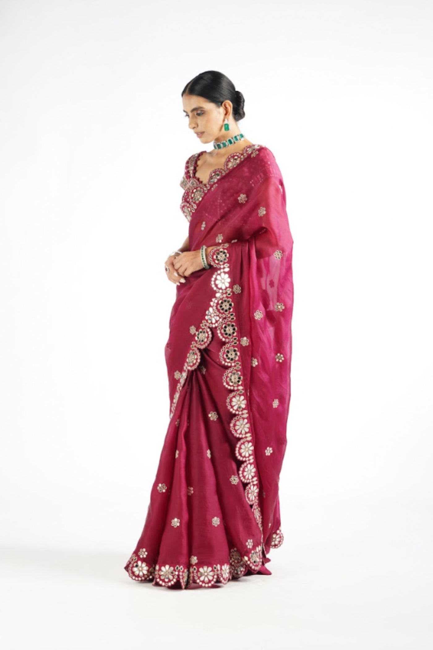 V Vani Vats Mellow Wine Mirror Work Blouse Saree Set Indian designer wear online shopping melange singapore