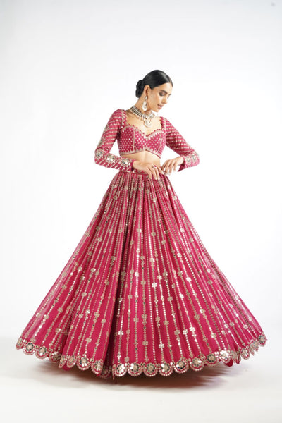 V Vani Vats Mellow Wine Small Flower Linear Lehenga Set Indian designer wear online shopping melange singapore