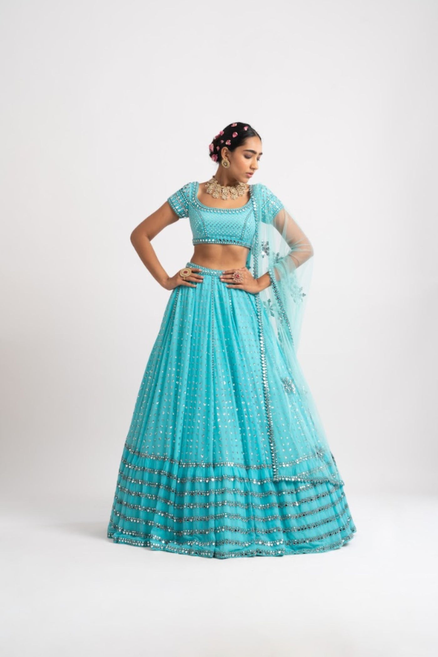 V Vani Vats Mint Blue Single Tier Lehenga Set indian designer wear online shopping melange singapore