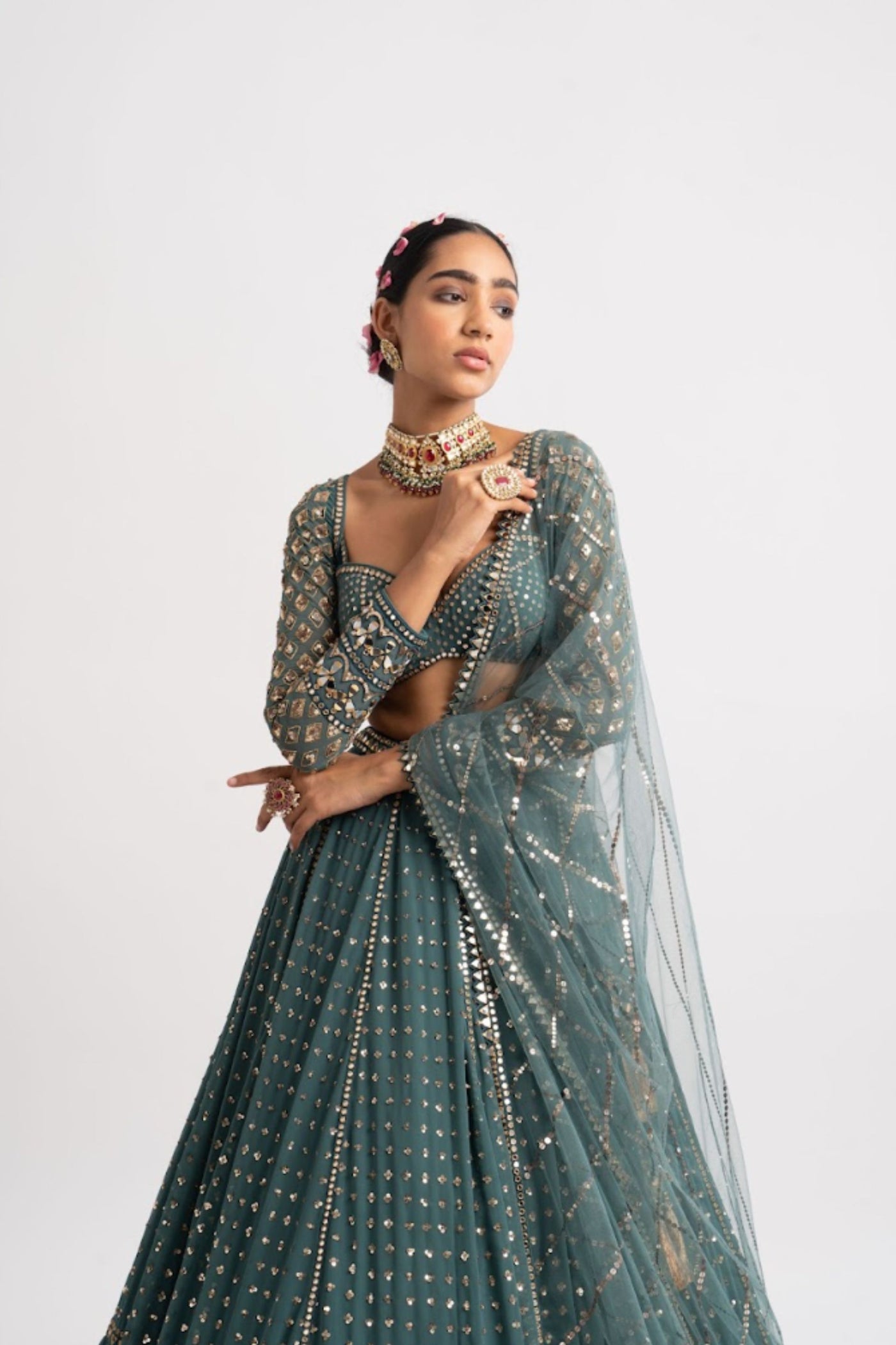 V Vani Vats Mud Green Single Tier Lehenga Set indian designer wear online shopping melange singapore