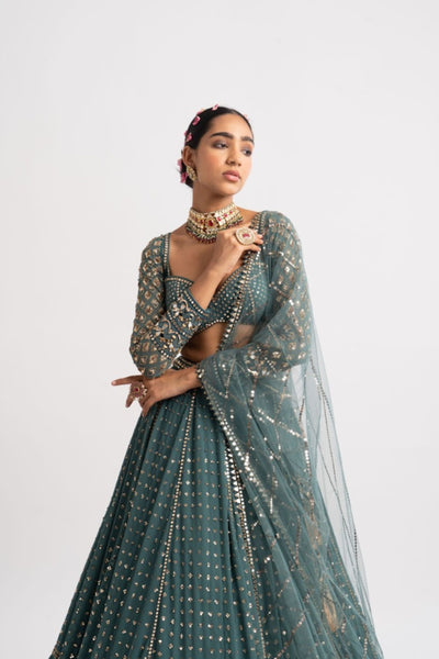 V Vani Vats Mud Green Single Tier Lehenga Set indian designer wear online shopping melange singapore