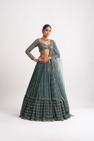 V Vani Vats Mud Green Single Tier Lehenga Set indian designer wear online shopping melange singapore