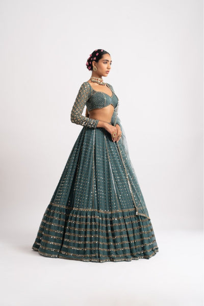 V Vani Vats Mud Green Single Tier Lehenga Set indian designer wear online shopping melange singapore