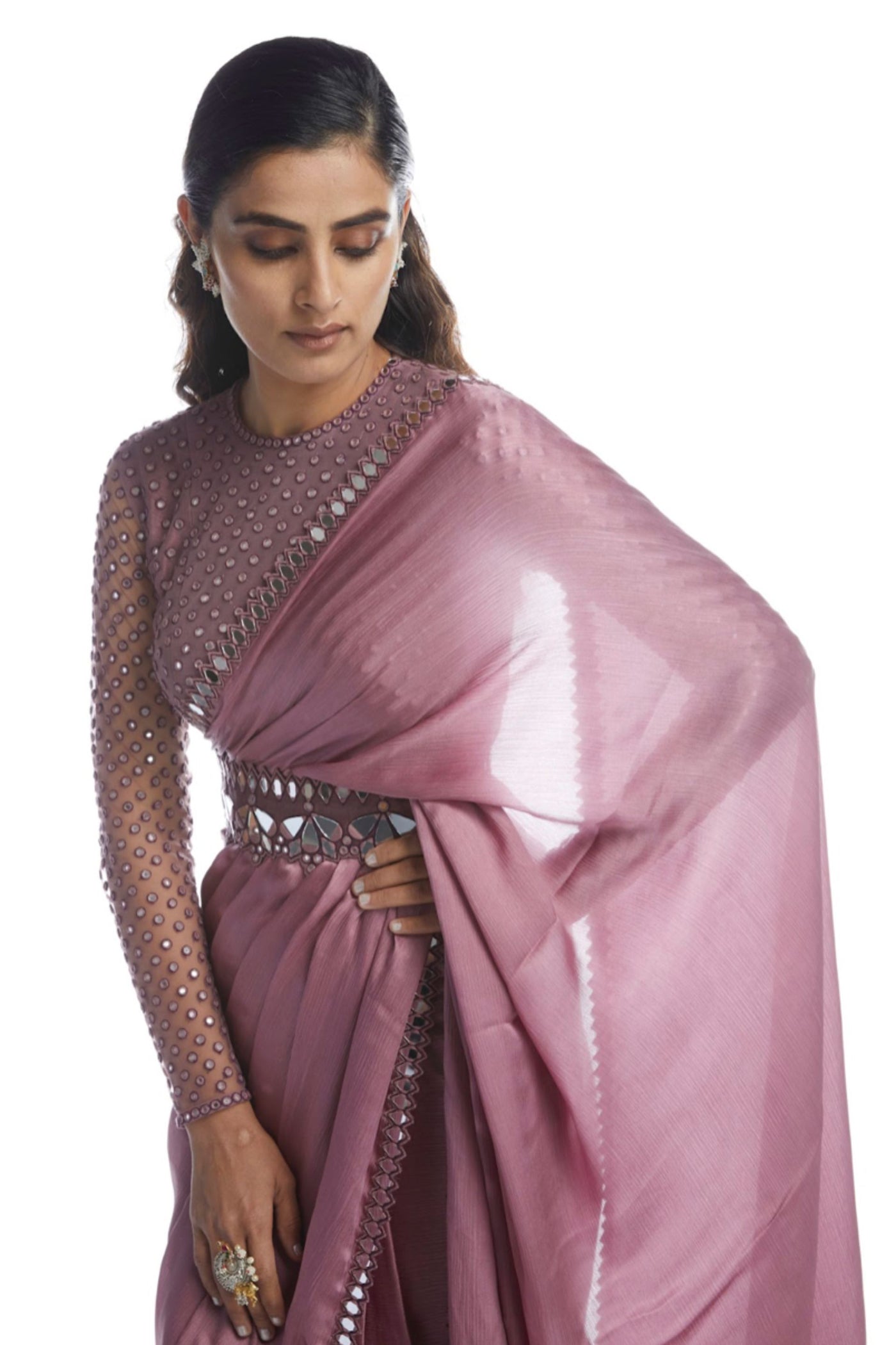 V Vani Vats Old Rose Satin Chiffon Saree Indian designer wear online shopping melange singapore