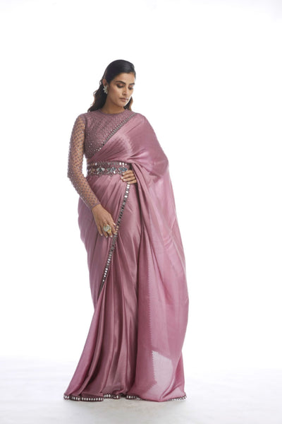 V Vani Vats Old Rose Satin Chiffon Saree Indian designer wear online shopping melange singapore