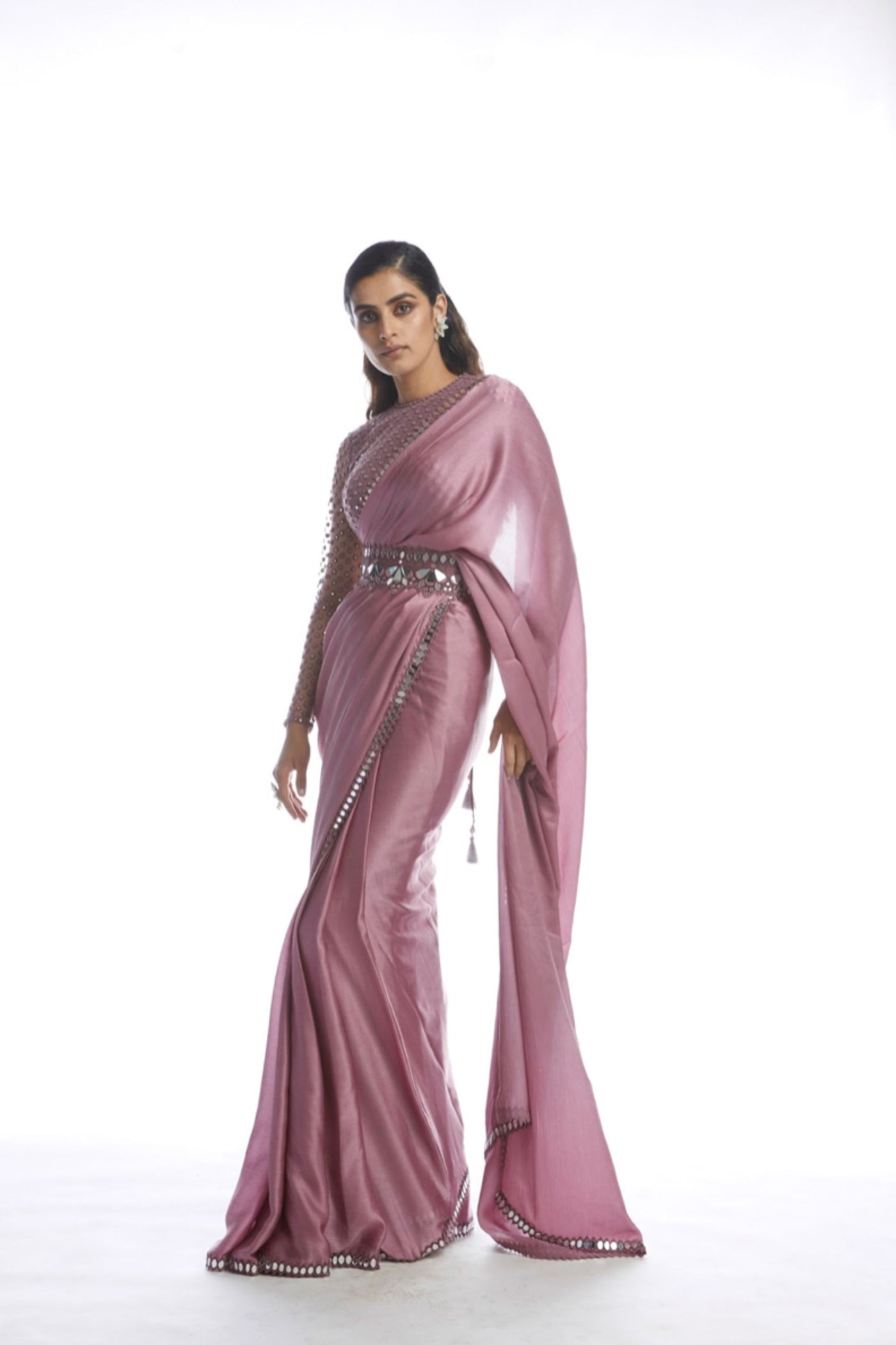 V Vani Vats Old Rose Satin Chiffon Saree Indian designer wear online shopping melange singapore