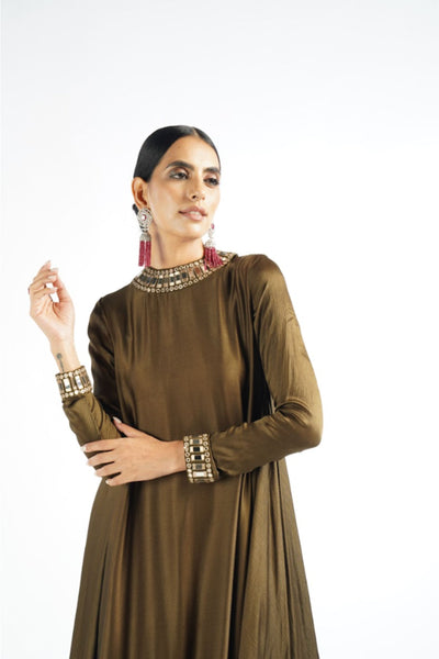 V Vani Vats Olive Green Mirror Scallop Pant Kurta Set Indian designer wear online shopping melange singapore