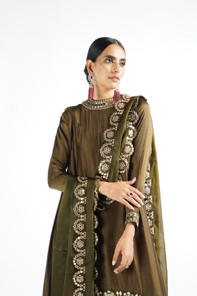 V Vani Vats Olive Green Mirror Scallop Pant Kurta Set Indian designer wear online shopping melange singapore