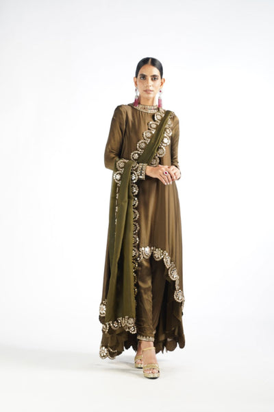 V Vani Vats Olive Green Mirror Scallop Pant Kurta Set Indian designer wear online shopping melange singapore