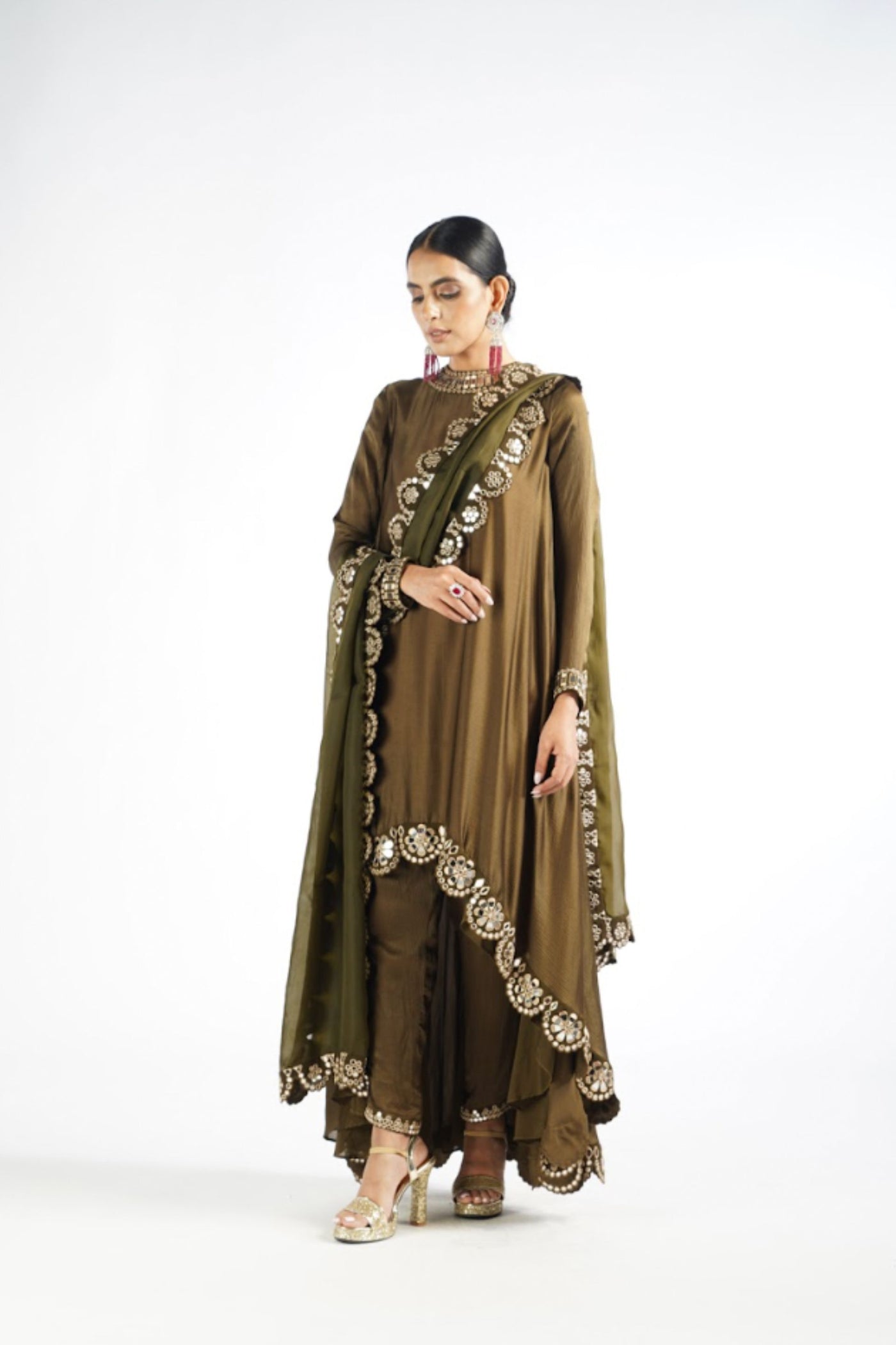 V Vani Vats Olive Green Mirror Scallop Pant Kurta Set Indian designer wear online shopping melange singapore