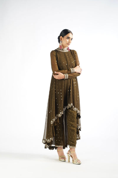 V Vani Vats Olive Green Pant Kurta Set Indian designer wear online shopping melange singapore