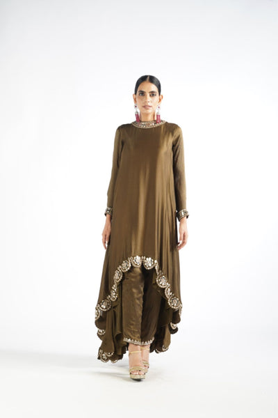 V Vani Vats Olive Green Scallop Pant Kurta Set Indian designer wear online shopping melange singapore