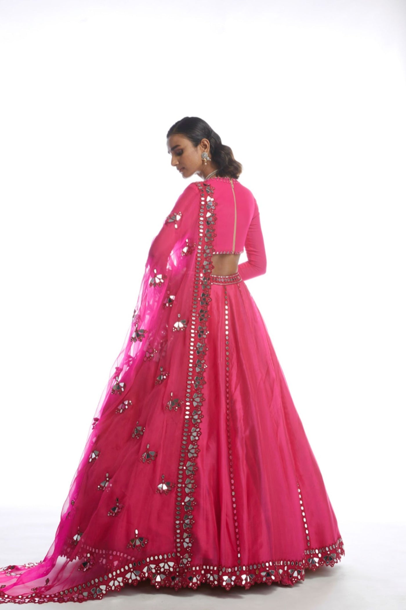 V Vani Vats Peacock Pink Mirror Cutwork Lehenga Set Indian designer wear online shopping melange singapore