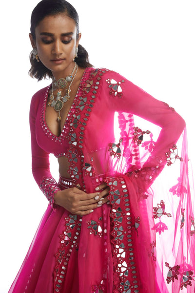 V Vani Vats Peacock Pink Mirror Cutwork Lehenga Set Indian designer wear online shopping melange singapore