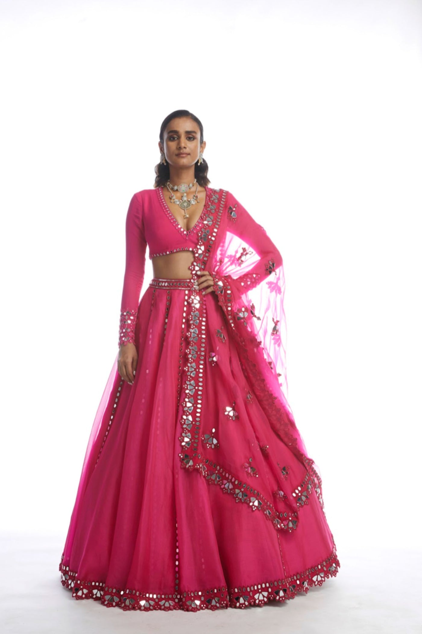 V Vani Vats Peacock Pink Mirror Cutwork Lehenga Set Indian designer wear online shopping melange singapore