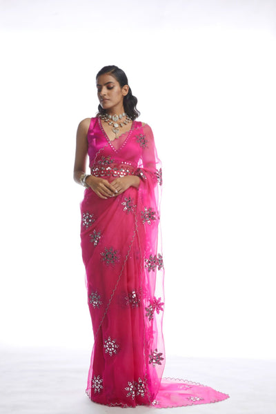 V Vani Vats Peacock Pink Mirror Cutwork Saree Indian designer wear online shopping melange singapore