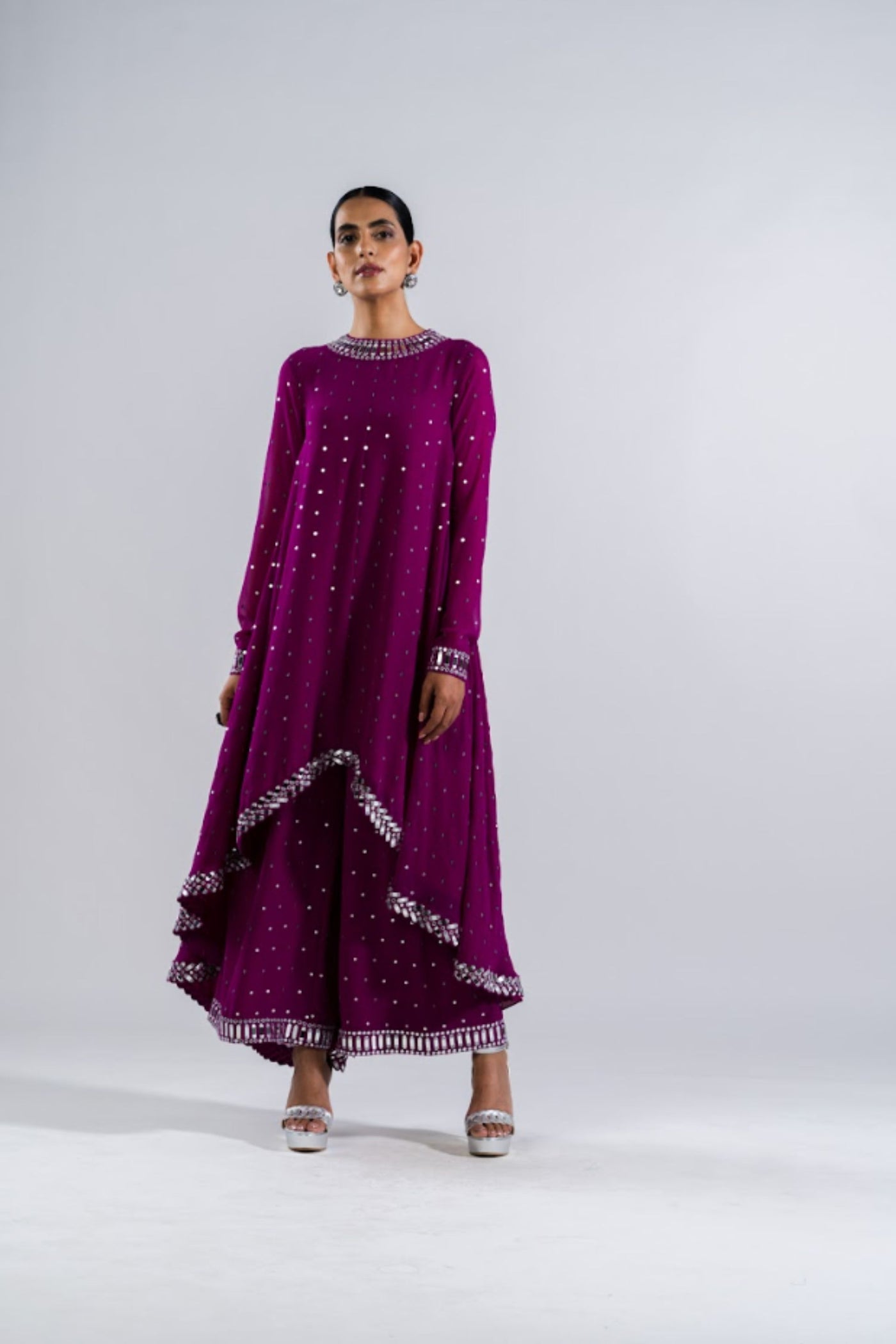 V Vani Vats Pop Wine Asymmetrical Kurta Set Indian designer wear online shopping melange singapore