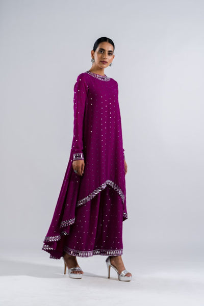 V Vani Vats Pop Wine Asymmetrical Kurta Set Indian designer wear online shopping melange singapore