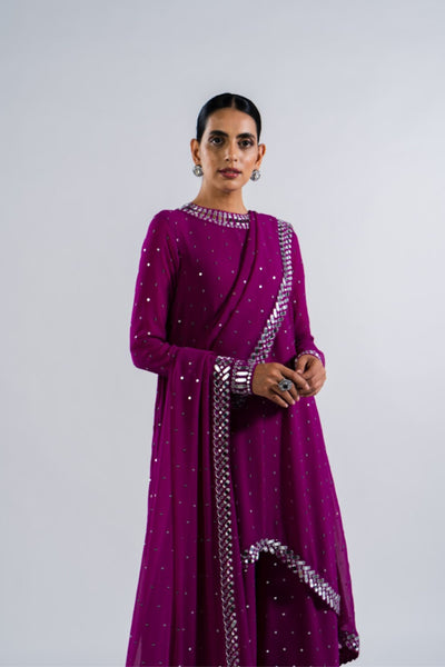 V Vani Vats Pop Wine Asymmetrical Kurta Set With Dupatta Indian designer wear online shopping melange singapore