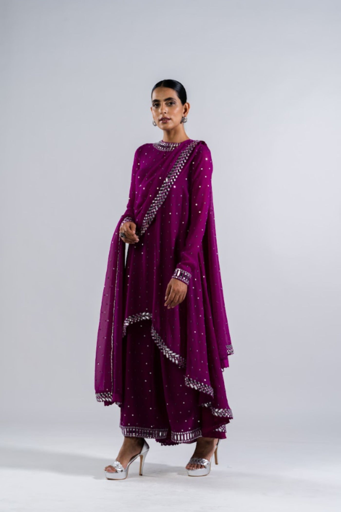 V Vani Vats Pop Wine Asymmetrical Kurta Set With Dupatta Indian designer wear online shopping melange singapore