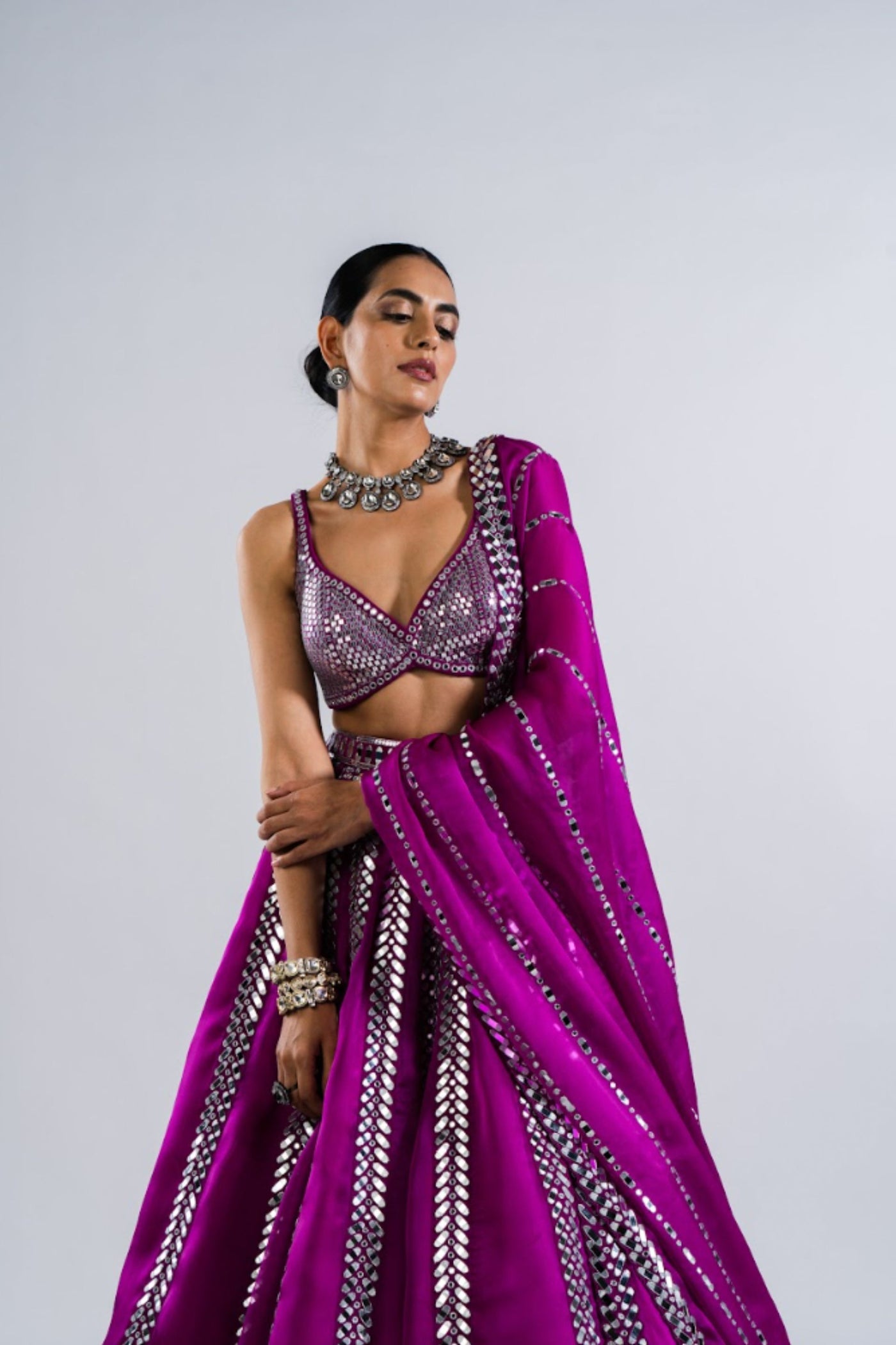 V Vani Vats Pop Wine Mirror Seam Lehenga Set Indian designer wear online shopping melange singapore