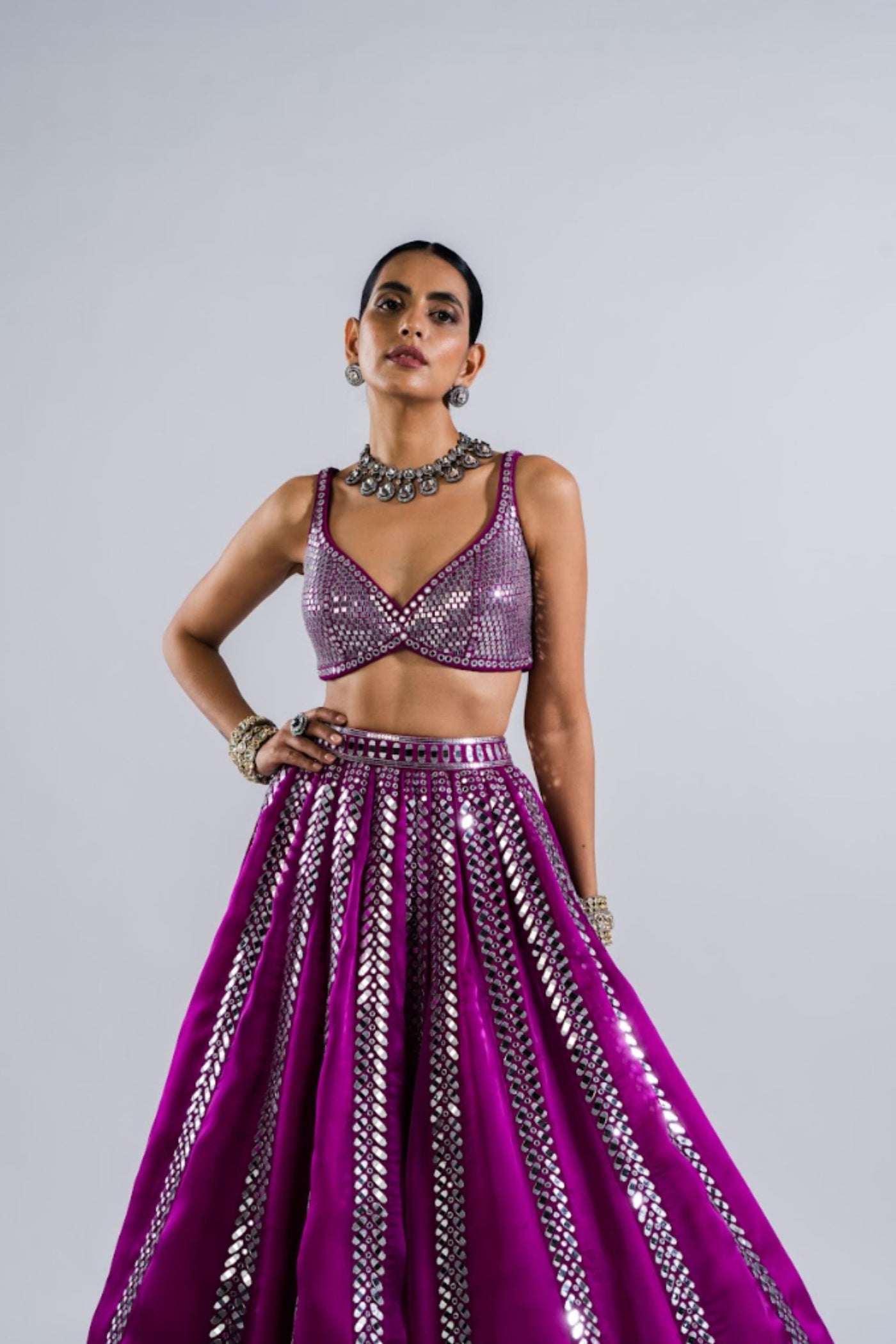 V Vani Vats Pop Wine Mirror Seam Lehenga Set Indian designer wear online shopping melange singapore