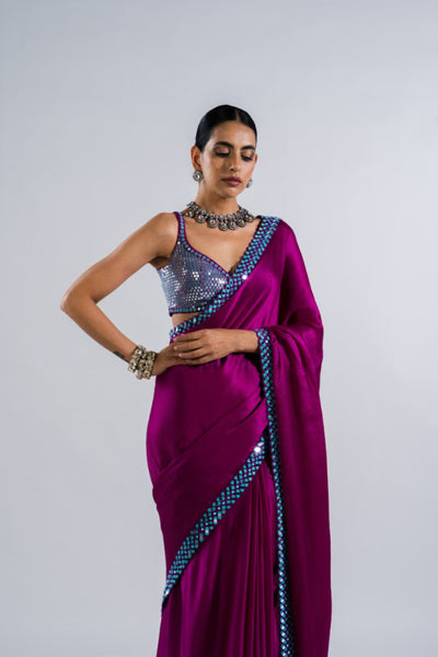 V Vani Vats Pop Wine Satin Chiffon Saree Set Indian designer wear online shopping melange singapore