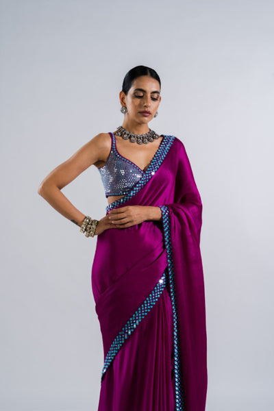 V Vani Vats Pop Wine Satin Chiffon Saree Set Indian designer wear online shopping melange singapore