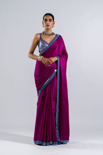 V Vani Vats Pop Wine Satin Chiffon Saree Set Indian designer wear online shopping melange singapore