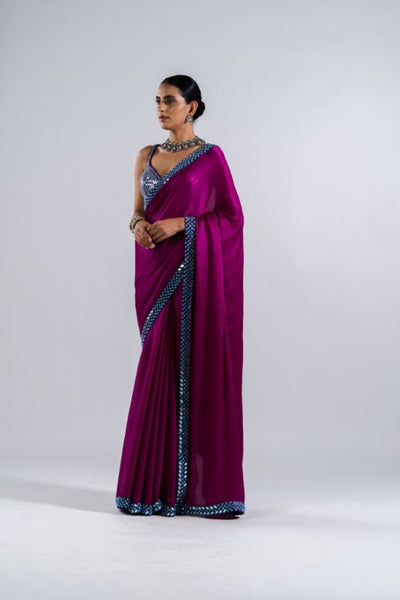 V Vani Vats Pop Wine Satin Chiffon Saree Set Indian designer wear online shopping melange singapore