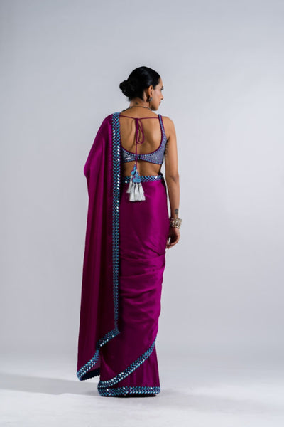 V Vani Vats Pop Wine Satin Chiffon Saree Set Indian designer wear online shopping melange singapore