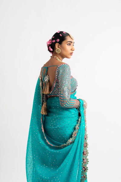 V Vani Vats Peacock Green Hand Cut Mirror Border Saree Set indian designer wear online shopping melange singapore