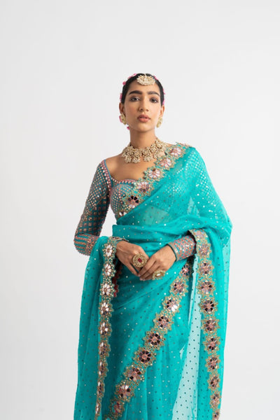 V Vani Vats Peacock Green Hand Cut Mirror Border Saree Set indian designer wear online shopping melange singapore