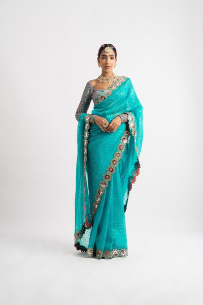 V Vani Vats Peacock Green Hand Cut Mirror Border Saree Set indian designer wear online shopping melange singapore