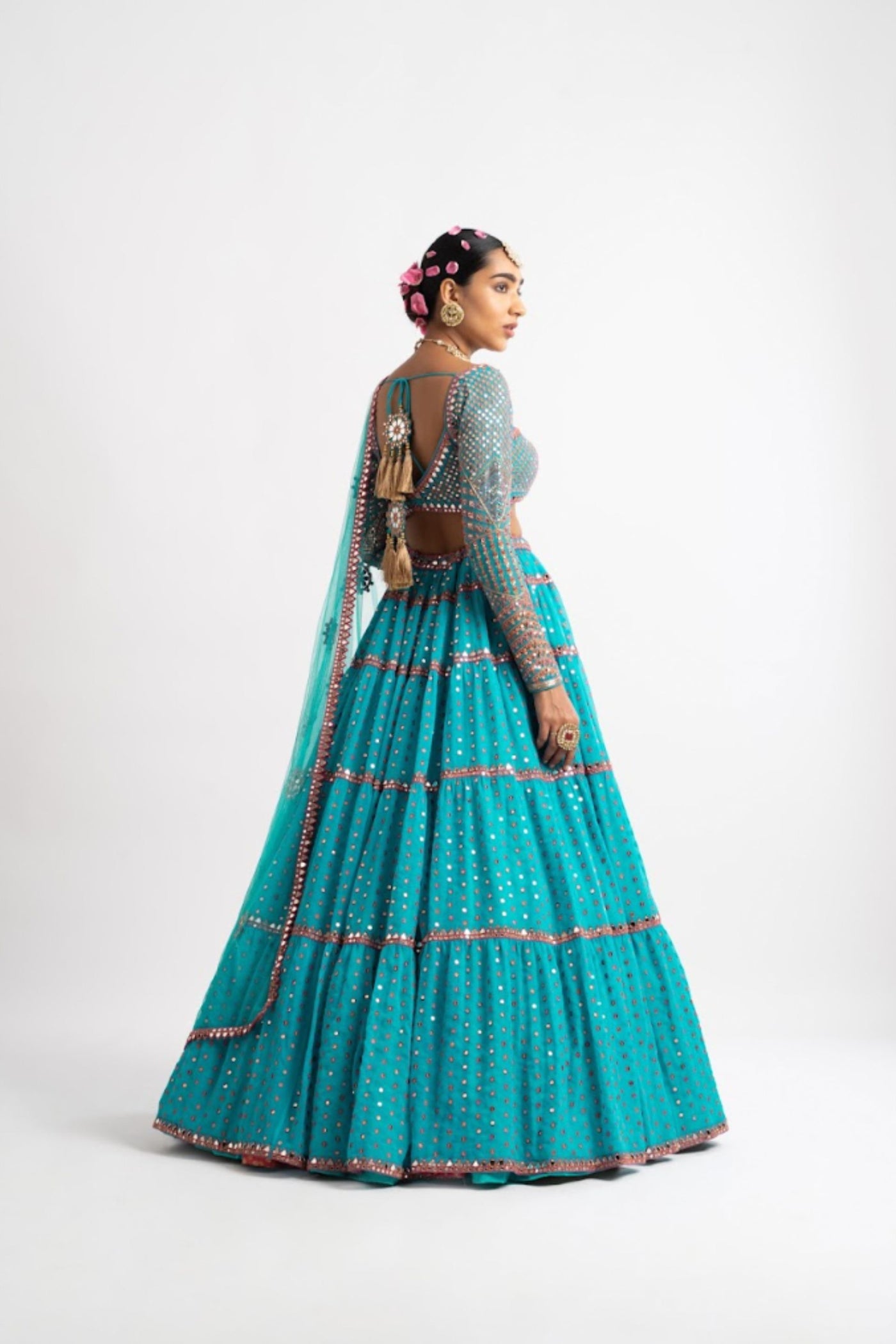 V Vani Vats Peacock Green Multi Tier Multi Color Lehenga Set indian designer wear online shopping melange singapore