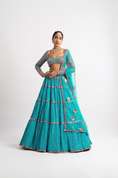 V Vani Vats Peacock Green Multi Tier Multi Color Lehenga Set indian designer wear online shopping melange singapore