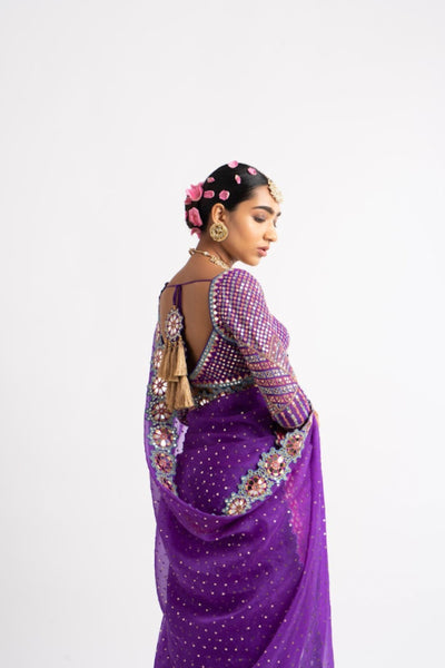 V Vani Vats Purple Hand Cut Mirror Border Saree Set indian designer wear online shopping melange singapore