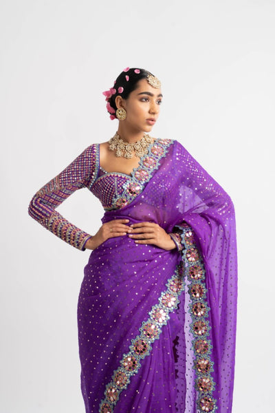 V Vani Vats Purple Hand Cut Mirror Border Saree Set indian designer wear online shopping melange singapore