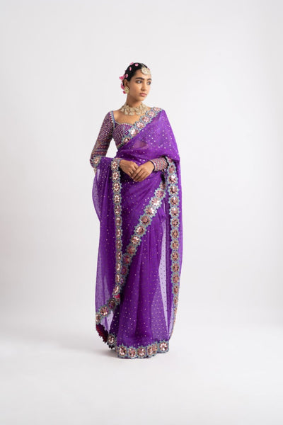 V Vani Vats Purple Hand Cut Mirror Border Saree Set indian designer wear online shopping melange singapore