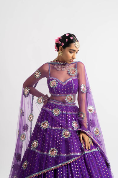 V Vani Vats Purple Noodle Strap Multi Tier Lehenga Set indian designer wear online shopping melange singapore