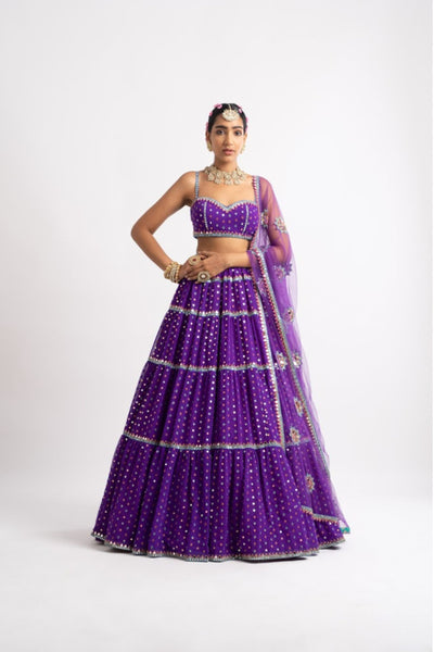 V Vani Vats Purple Noodle Strap Multi Tier Lehenga Set indian designer wear online shopping melange singapore