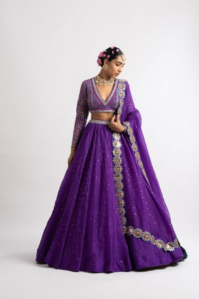 V Vani Vats Purple Silk Organza Lehenga Set indian designer wear online shopping melange singapore